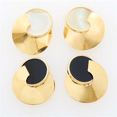 Lot 1135 - Pair of Gold and Black Onyx Earclips and Pair of Gold and Mother-of-Pearl Earrings