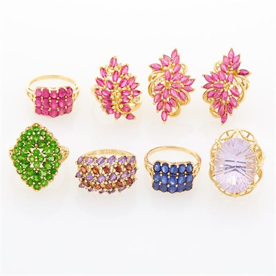 Lot 1119 - Six Gold and Gem-Set Rings and Pair of Gold and Gem-Set Earrings