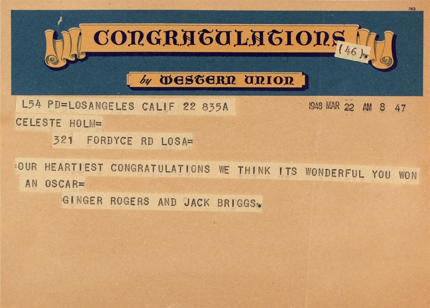 Lot 35 - [OSCARS-TELEGRAMS] Group of telegrams from...