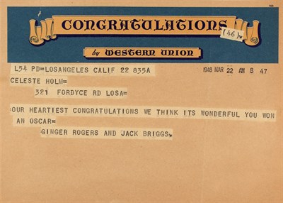 Lot 35 - [OSCARS-TELEGRAMS] Group of telegrams from...