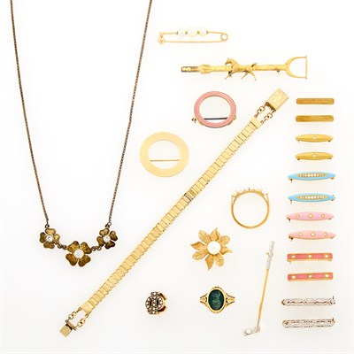 Lot 178 - Group of Antique and Period Gold, Platinum, Enamel and Cultured Pearl Jewelry and Gilt-Metal Necklace and Pin