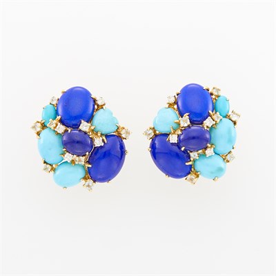 Lot 1027 - Pair of Gold, Turquoise, Lapis, Aquamarine and Diamond Cluster Earclips