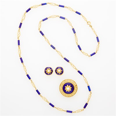 Lot 166 - Group of Gold, Blue Enamel and Cultured Pearl Jewelry
