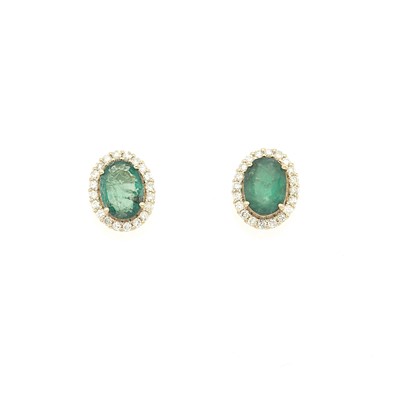 Lot 1081 - Pair of Gold, Emerald and Diamond Earrings
