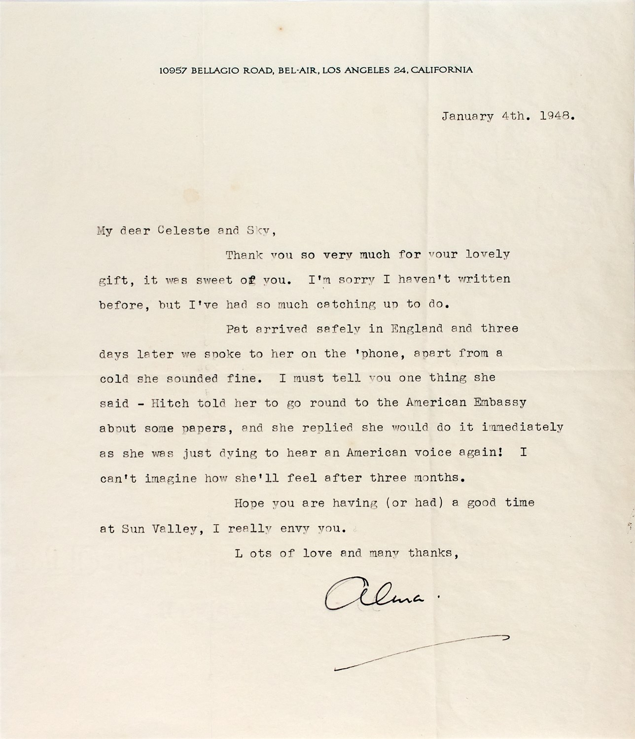 Lot 38 - HITCHCOCK, ALMA Typed letter signed to Celeste...