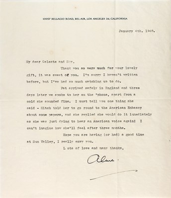 Lot 38 - HITCHCOCK, ALMA Typed letter signed to Celeste...