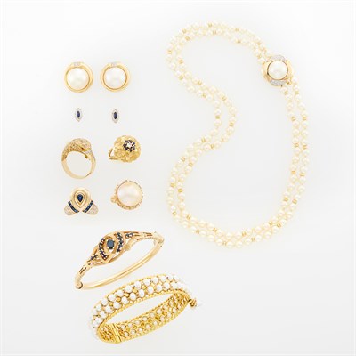 Lot 1217 - Group of High Karat Gold, Gold, Freshwater and Cultured Pearl, Diamond and Sapphire Jewelry