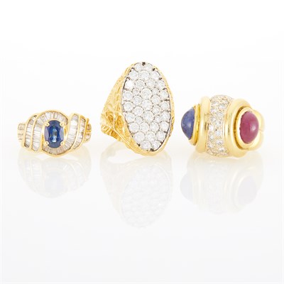 Lot 1225 - Three Two-Color Gold, Diamond and Gem-Set Rings
