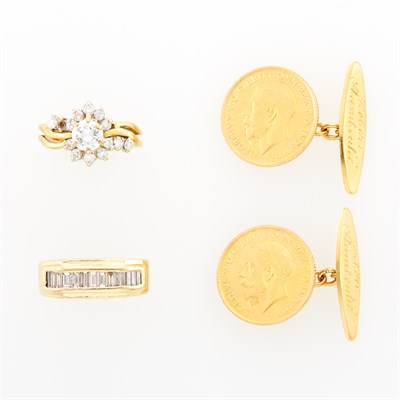 Lot 1150 - Pair of Gold and Gold Coin Cufflinks and Two Two-Color Gold and Diamond Rings