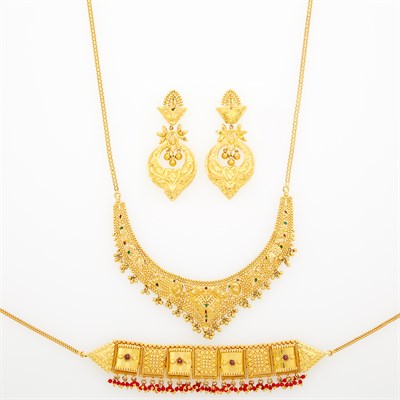 Lot 1111 - Two High Karat Gold and Gem-Set Necklaces and Pair of Pendant-Earrings