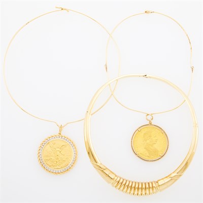 Lot 1148 - Two Gold Wire Torque Necklaces with Gold Coin and Diamond Pendants and Gold Collar Necklace