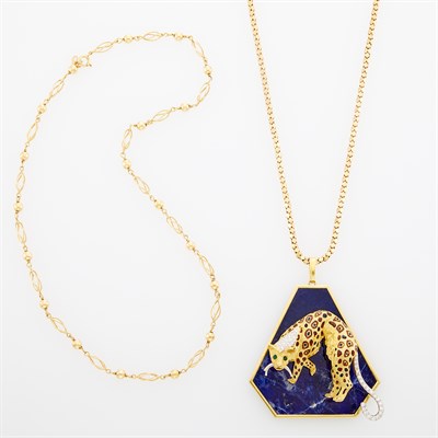 Lot 1138 - Gold, Sodalite, Diamond and Enamel Leopard Pendant with Two Gold Chain Necklaces