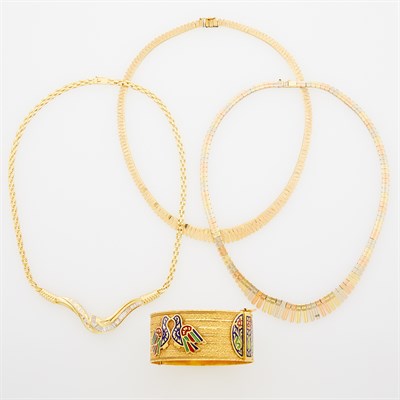 Lot 1227 - Three Tricolor Gold and Diamond Necklaces and Gold and Enamel Bangle Bracelet with Gold Coin Charm