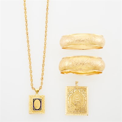Lot 1105 - Two Gold Bangle Bracelets, Gold Pendant with Chain Necklace and Pendant