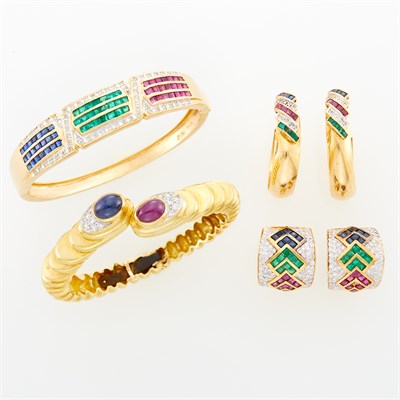 Lot 1125 - Two Gold, Ruby, Sapphire, Emerald and Diamond Bangle Bracelets and Two Pairs of Earrings