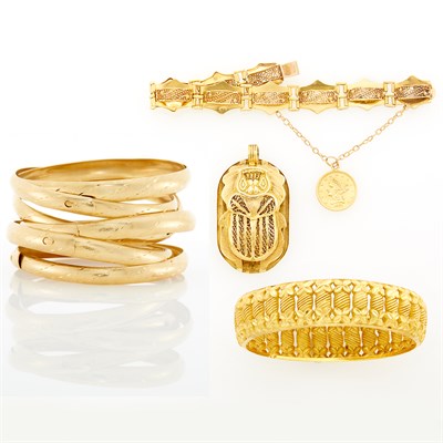 Lot 1118 - Group of Gold and High Karat Gold Bangle Bracelets, Bracelet and Scarab Pendant