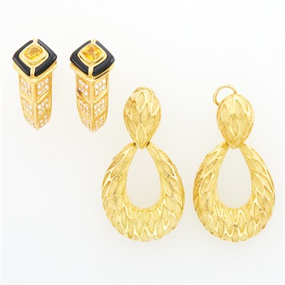 Lot 1137 - Pair of Gold, Yellow Sapphire, Diamond and Black Onyx Hoop Earclips and Pair of Gold Hoop Pendant-Earclips