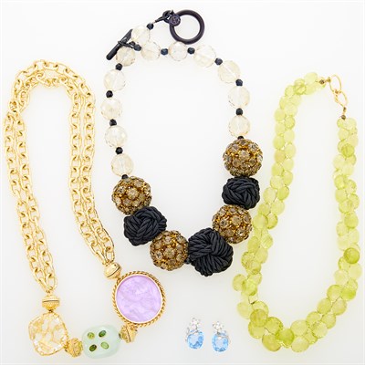 Lot 1237 - Two Quartz, Glass, Fabric Costume Necklaces and Gilt-Metal, Glass and Gem-Set Necklace
