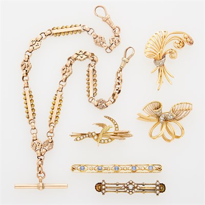 Lot 1169 - Group of Gold and Low Karat Gold Antique Brooches and Watch Chain