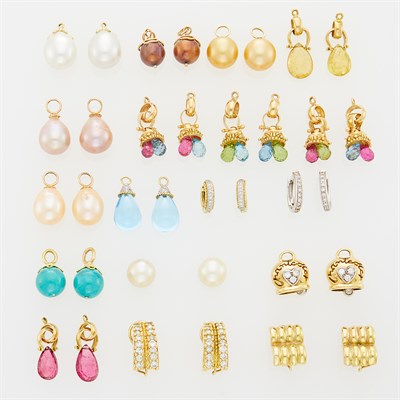 Lot 1230 - Group of Gold, Diamond, Freshwater Pearl and Colored Stone Convertible Earrings and Pendants
