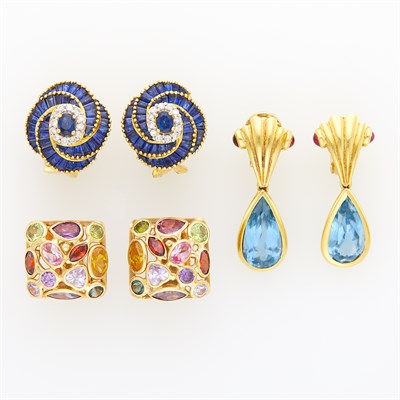 Lot 1160 - Three Pairs of Gold, Diamond and Colored Stone Earrings