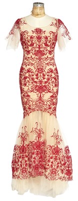Lot 94 - LINDA EMOND Marchesa Notte red lace dress worn...
