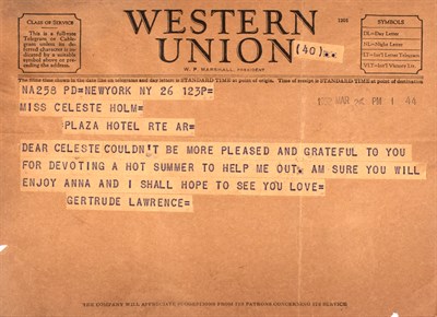 Lot 45 - LAWRENCE, GERTRUDE and BRYNNER, YUL Telegrams...