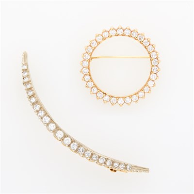 Lot 1057 - Gold and Diamond Circle Pin and Two-Color Gold Crescent Pin