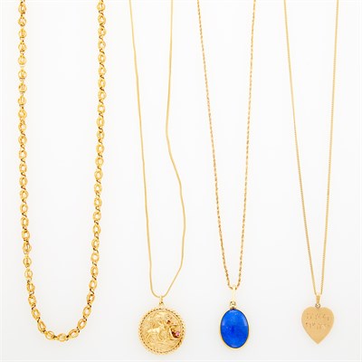 Lot 1127 - Three Gold, Ruby and Lapis Pendants with Four Gold Chains