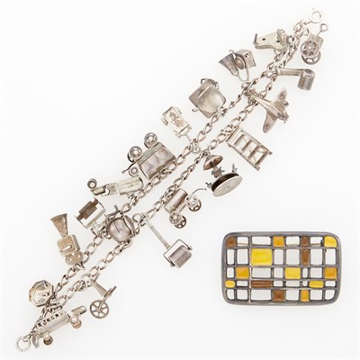 Lot 1206 - Double Strand Silver Charm Bracelet and Silver and Enamel Pendant-Brooch