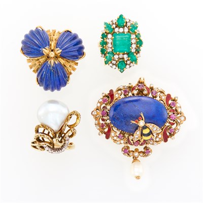 Lot 1120 - Group of Gold, Lapis, Emerald, Cultured Pearl and Diamond Jewelry