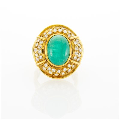 Lot 1126 - Gold, Cabochon Emerald and Diamond Ring
