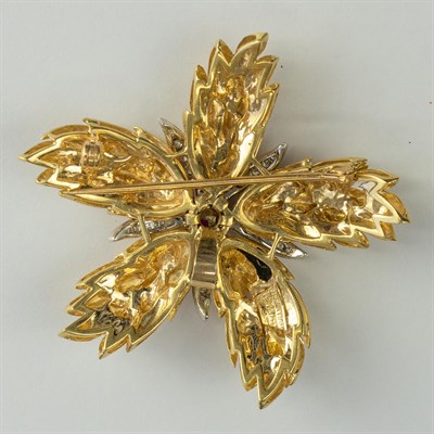 Lot 1053 - Tiffany & Co. Two-Color Gold, Ruby and Diamond Flower Pendant-Brooch