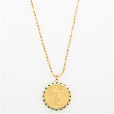 Lot 1045 - Gold, Gold Coin, Sapphire and Emerald Pendant with Gold Chain
