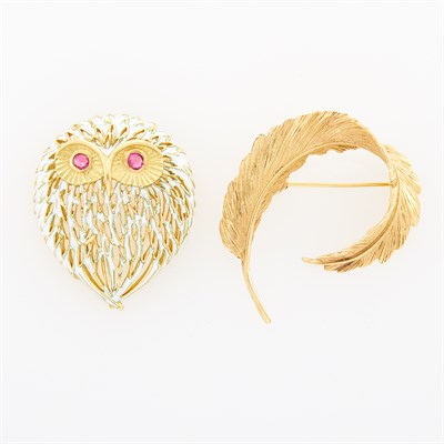 Lot 1123 - Gold, White Enamel and Ruby Owl Brooch and Gold Feather Pin