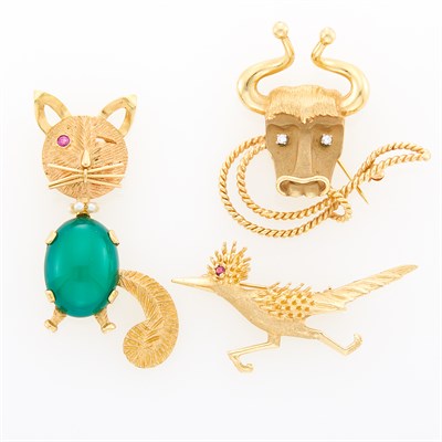 Lot 1158 - Three Gold, Diamond and Gem-Set Brooches