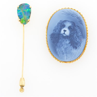 Lot 1168 - Gold and Opal Pin and Gold, Cavalier King Charles Spaniel Cameo Pendant-Brooch