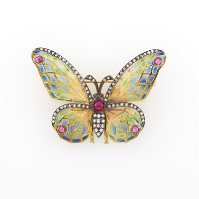 Lot 1176 - Gold, Blackened Gold, Plique-à-Jour Enamel, Diamond and Ruby Butterfly Brooch