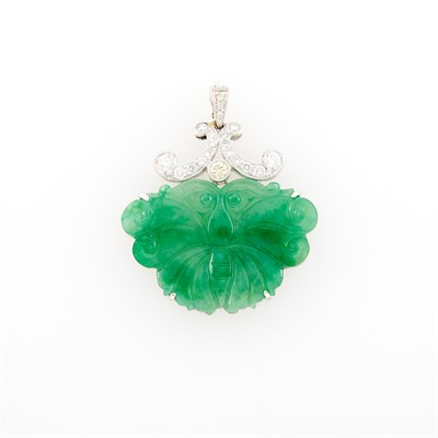 Lot 1186 - White Gold, Carved Jade and Diamond Pendant