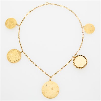 Lot 59 - CELESTE HOLM Gold and Gold Charm Necklace. 14...