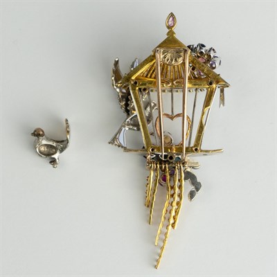 Lot 1156 - Two-Color Gold, Diamond and Colored Stone Birdcage Clip-Brooch