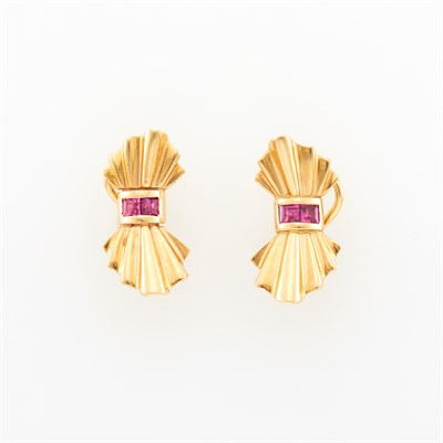 Lot 1122 - Pair of Gold and Ruby Bow Earclips