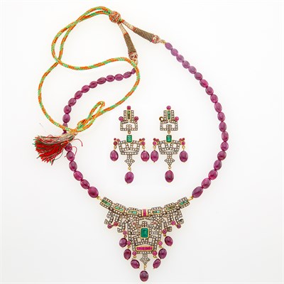 Lot 1104 - Indian Gold, Silver, Diamond, Colored Stone and Ruby Bead Necklace on Cord and Pair of Pendant-Earrings