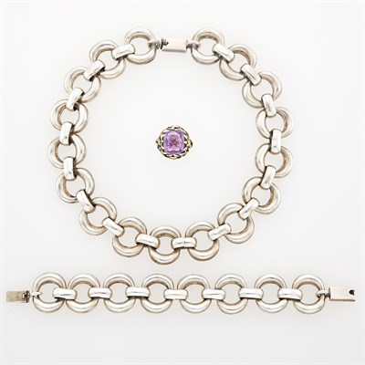 Lot 1171 - Silver Link Necklace and Bracelet and Gold and Amethyst Ring