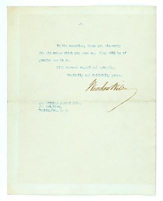 Lot 56 - WILSON, WOODROW Typed letter signed as...