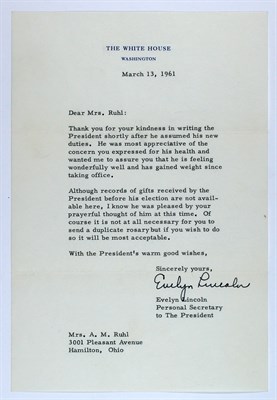 Lot 1027 - LINCOLN, EVELYN Three typed notes signed, two...