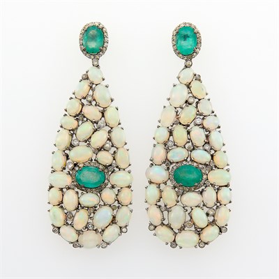 Lot 1066 - Pair of Silver, Opal, Emerald and Diamond Pendant-Earrings