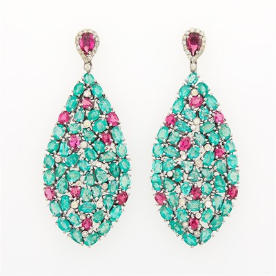 Lot 1089 - Pair of Silver, Emerald, Pink Tourmaline and Diamond Pendant-Earrings