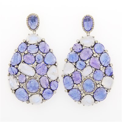 Lot 1190 - Pair of Silver, Moonstone, Tanzanite and Diamond Pendant-Earrings