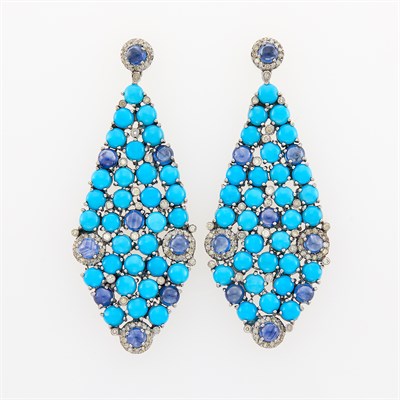 Lot 1084 - Pair of Silver, Reconstituted Turquoise, Cabochon Sapphire, and Diamond Pendant-Earrings